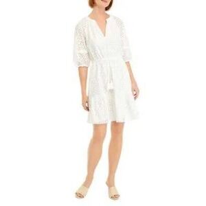 NWT $168 Vince Camuto White Eyelet Embroidered Midi Dress Belted Tassel SZ 10